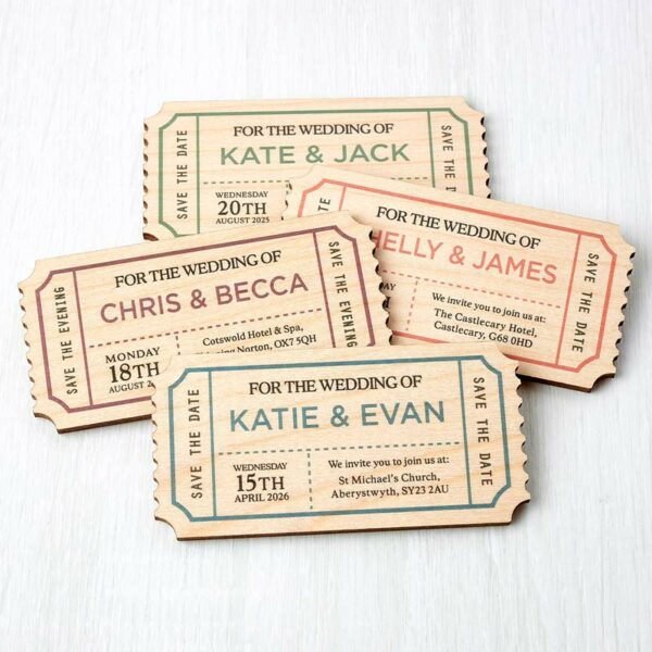 Wooden Save The Date Ticket Magnets, Vintage Novelty Plane Train Wedding Invites, Rustic Quirky & Unique Design