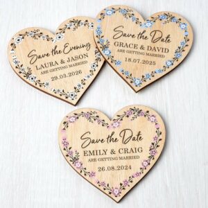 Magnetic Wooden Heart Save The Dates, Rustic Floral Botanical Design Wedding Fridge Magnets With Vintage Heart Shape