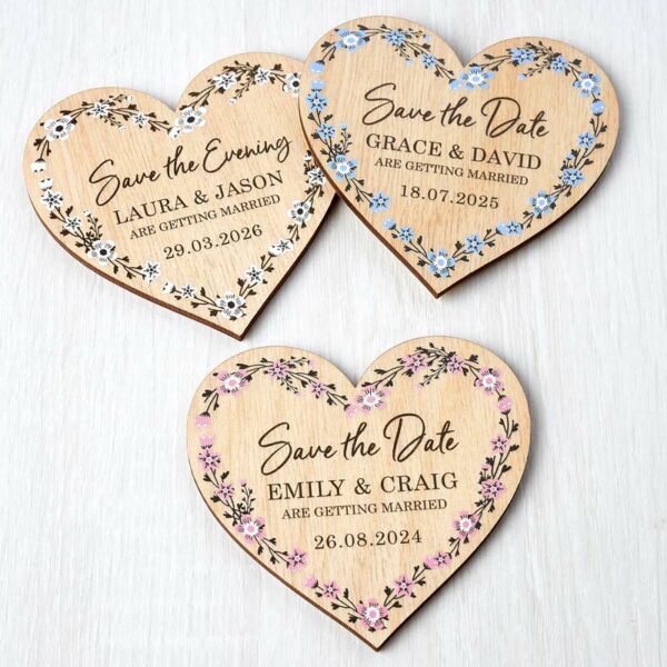 Magnetic Wooden Heart Save The Dates Floral Vinatage Rustic Botanical Wedding