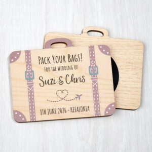 Pack Your Bags Wooden Save The Date Suitcase Fridge Magnets Wedding Invitations Purple