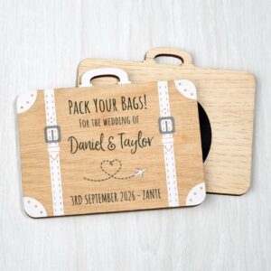 Pack Your Bags Wooden Save The Date Suitcase Fridge Magnets Wedding Invitations White