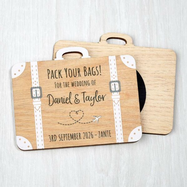 Pack Your Bags Wooden Save The Date Suitcase Fridge Magnets Wedding Invitations White
