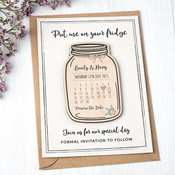 Rustic Wooden Save The Date Wedding Mason Jar Shaped Fridge Magnets with Cards