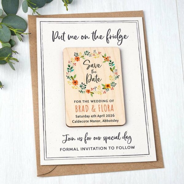 Wildflower Floral Wooden Save The Date Fridge Magnets Wedding Invites with Cards