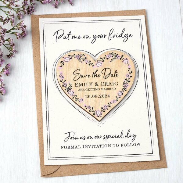 Wooden Heart Save The Date Fridge Magnets Wildflower Wedding Invitations with Cards