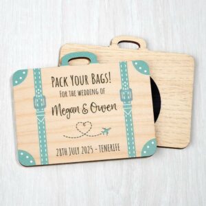 Wooden Magnetic Save The Dates, Abroad Destination Travel Theme Passport Boarding Pass Wedding Invitations Green