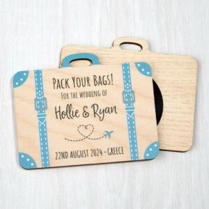 Wooden Save The Date Suitcase Fridge Magnets, Abroad Destination Travel Theme Passport Boarding Pass Wedding Invites Blue