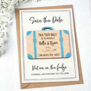 Wooden Save The Date Suitcase Fridge Magnets, Abroad Destination Travel Theme Passport Boarding Pass Wedding Invites With Cards