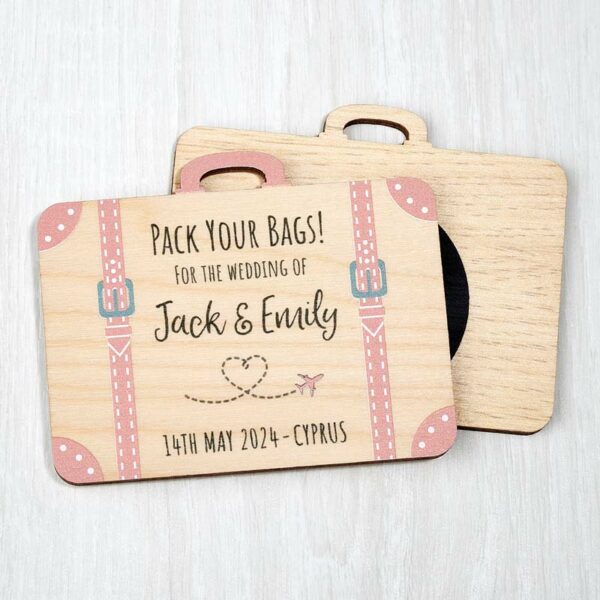 Wooden Save The Dates Suitcase Fridge Magnets, Abroad Destination Travel Theme Passport Boarding Pass Wedding Invitations Pink