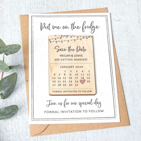 Wooden Calendar Save The Date Fridge Magnets With Backing Cards, Rustic Wedding Card Invites