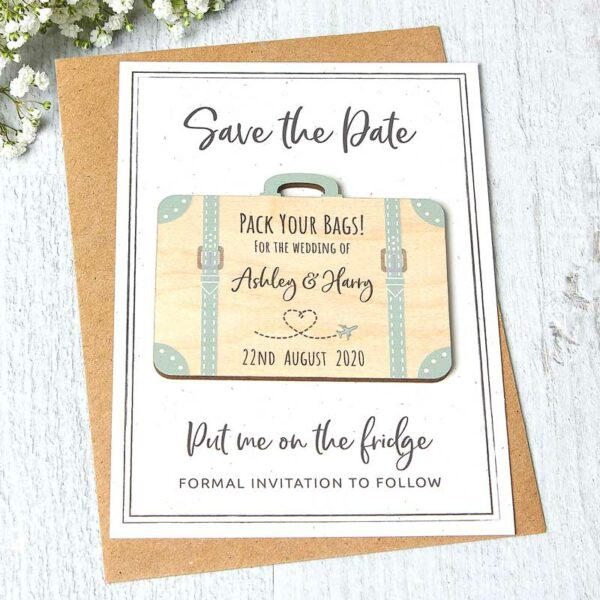 Wooden Save The Date Suitcase Fridge Magnets With Backing Cards, Abroad Destination Travel Theme Passport Wedding Invites