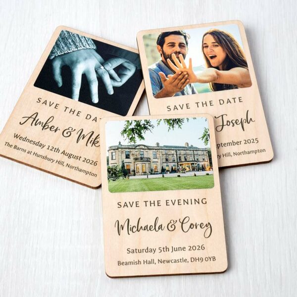 Wooden Photo Save The Date Fridge Magnets Natural Recycled Wedding Invitations