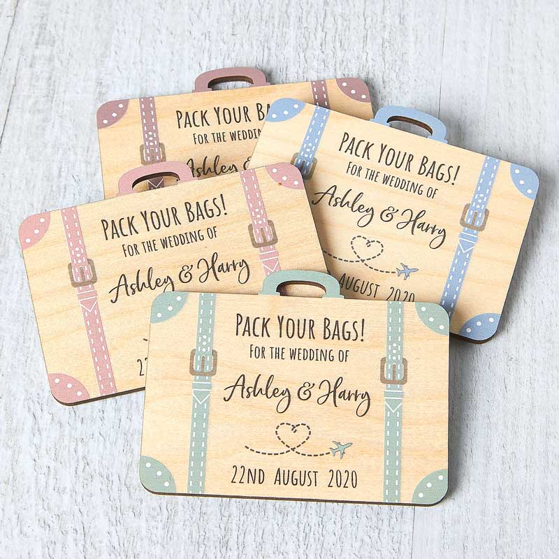 Wooden Save The Date Suitcase Fridge Magnets Abroad Destination 