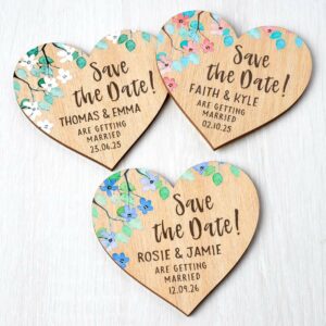 Magnetic Wooden Heart Save The Dates, Rustic Floral Botanical Design Wedding Fridge Magnets