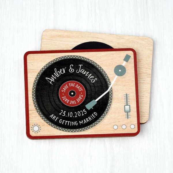 Wooden Magnetic Save The Dates Record Music Themed Festival Wedding Invites Red