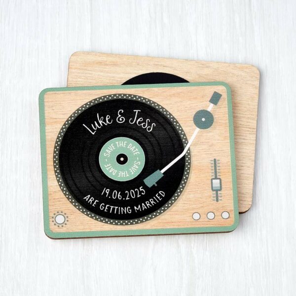Wooden Save The Date Fridge Magnets Record Deck Music Festival Wedding Invites Green