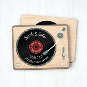 Wooden Save The Date Fridge Magnets Record Deck Music Festival Wedding Invites