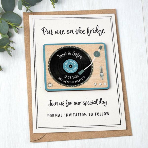Wooden Save The Dates Fridge Magnets Music DJ Festival Wedding Invites with Cards