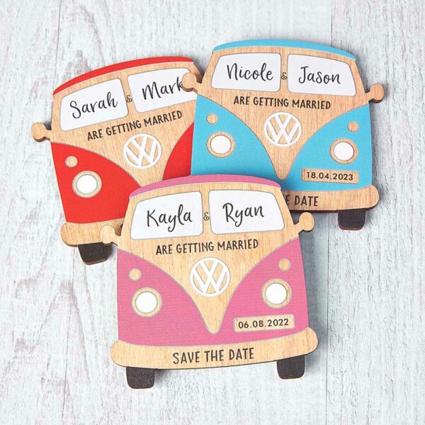 camper van save the date wooden magnets surf beach travel theme