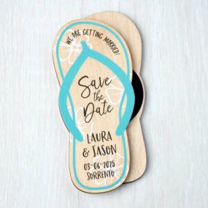Wooden Beach Theme Save The Date Fridge Magnets, Abroad Destination Travel Flip Flop Wedding Invites Teal