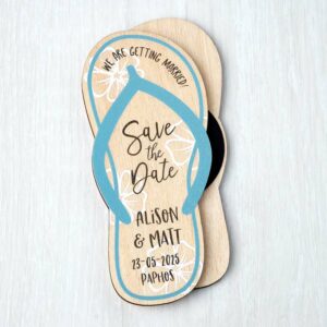Wooden Beach Themed Save The Dates Fridge Magnets, Abroad Destination Travel Flip Flop Wedding Invitations Blue