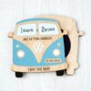 Wooden Camper Van Beach Theme Magnetic Save The Dates, Abroad Destination Travel Themed Wedding Invitations Dusty Blue