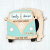 Wooden Camper Van Beach Theme Magnetic Save The Dates, Abroad Destination Travel Themed Wedding Invites Sage