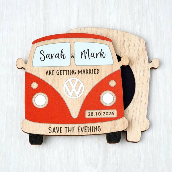 Wooden Camper Van Beach Theme Save The Date Fridge Magnets, Abroad Destination Travel Themed Wedding Invites Red