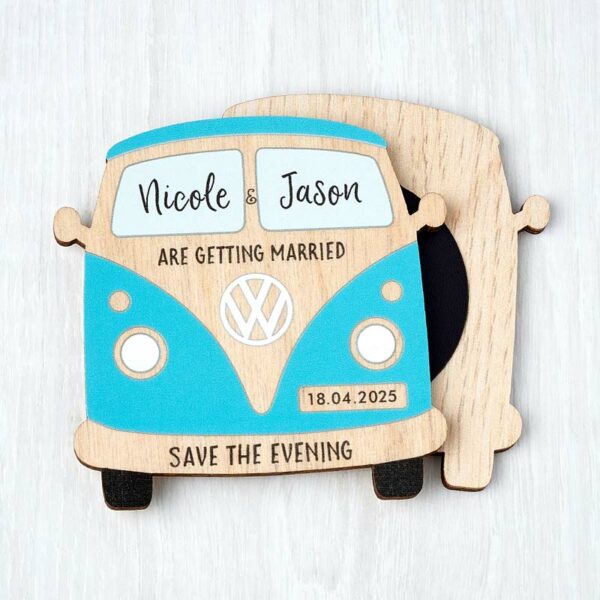Wooden Camper Van Beach Theme Save The Dates Fridge Magnets, Abroad Destination Travel Themed Wedding Invitations Blue