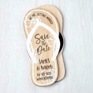 Wooden Magnetic Flip Flop Save The Dates, Beach Abroad Destination Travel Theme Passport Boarding Pass Wedding Invites White