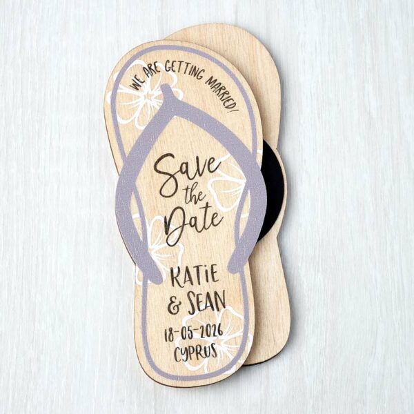 Wooden Magnetic Flip Flop Save The Dates, Beach Themed Abroad Destination Travel Wedding Invites Purple