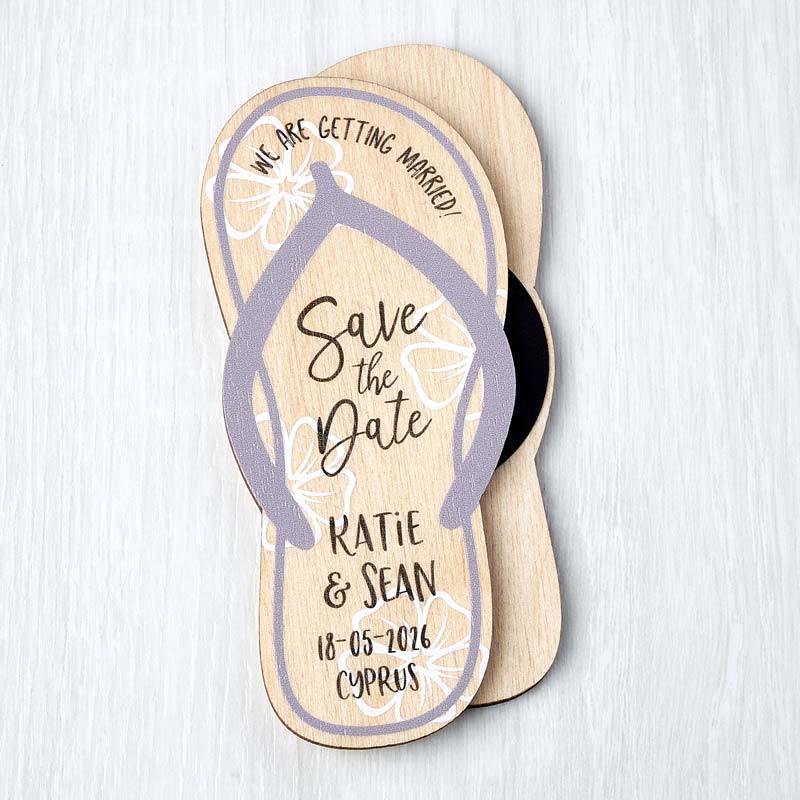 Wooden Flip Flop Save The Date Fridge Magnets, Beach / Abroad