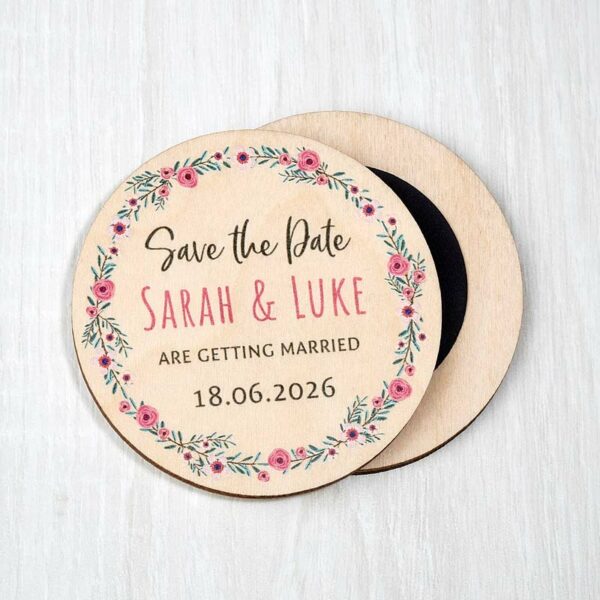 Wooden Magnetic Save The Dates Floral Wildflower Wedding Invitations Pink