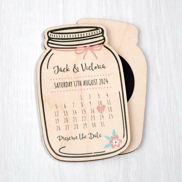 Wooden Magnetic Save The Dates Mason Jar Baking Preserve Wedding Invitations Pink