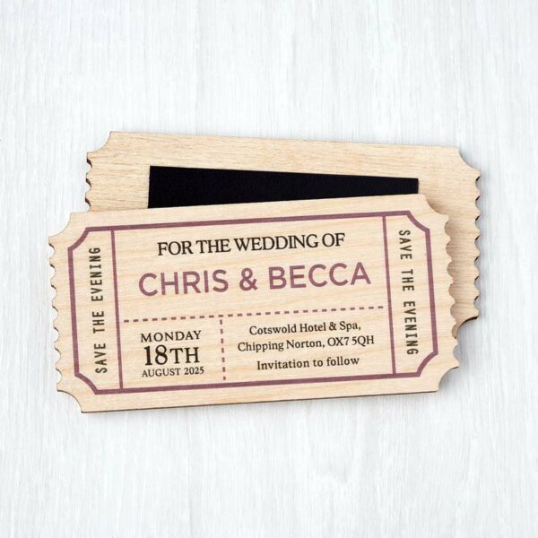 Wooden Magnetic Ticket Save The Date, Vintage Novelty Plane Train Wedding Invitations, Destination Travel Themed Purple