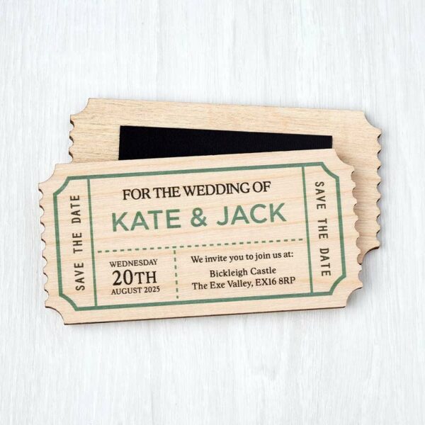 Wooden Magnetic Ticket Save The Dates, Vintage Novelty Plane Train Wedding Invitations, Quirky, Unique & Unusual Green