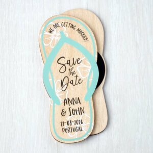 Wooden Save The Date Flip Flop Fridge Magnets, Beach Abroad Destination Travel Theme Passport Boarding Pass Wedding Invitations Sage