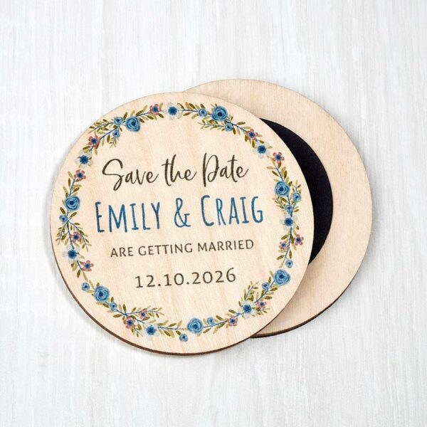 Wooden Save The Date Fridge Magnets Floral Wildflower Wedding Invites Blue