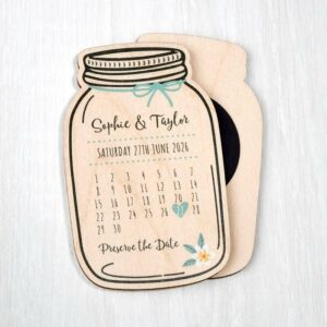 Wooden Save The Date Fridge Magnets Mason Jar Baking Preserve Wedding Invites Green