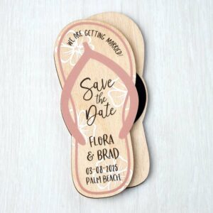 Wooden Save The Dates Flip Flop Fridge Magnets, Beach Abroad Destination Travel Theme Passport Boarding Pass Wedding Invites Pink