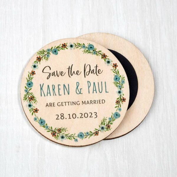 Wooden Save The Dates Fridge Magnets Floral Wildflower Wedding Invitations Green