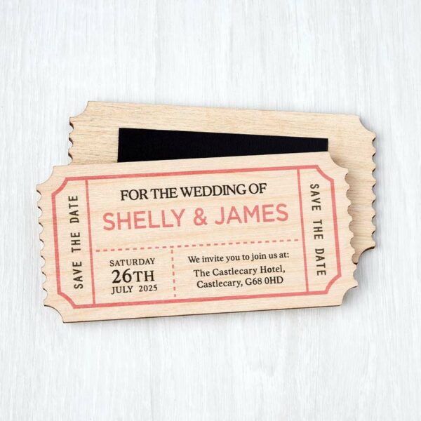 Wooden Ticket Save The Dates Fridge Magnets, Vintage Novelty Plane Train Wedding Invites, Destination Travel Themed Pink