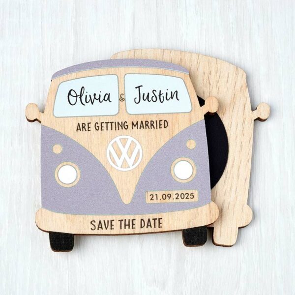Wooden VW Camper Van Beach Theme Magnetic Save The Dates, Abroad Destination Travel Themed Wedding Invitations Purple