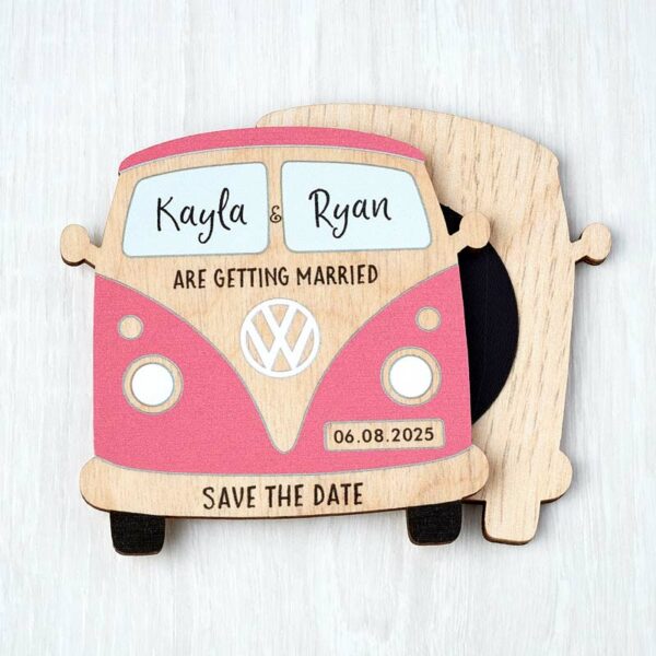 Wooden VW Camper Van Beach Theme Save The Date Fridge Magnets, Abroad Destination Travel Themed Wedding Invites Bright Pink